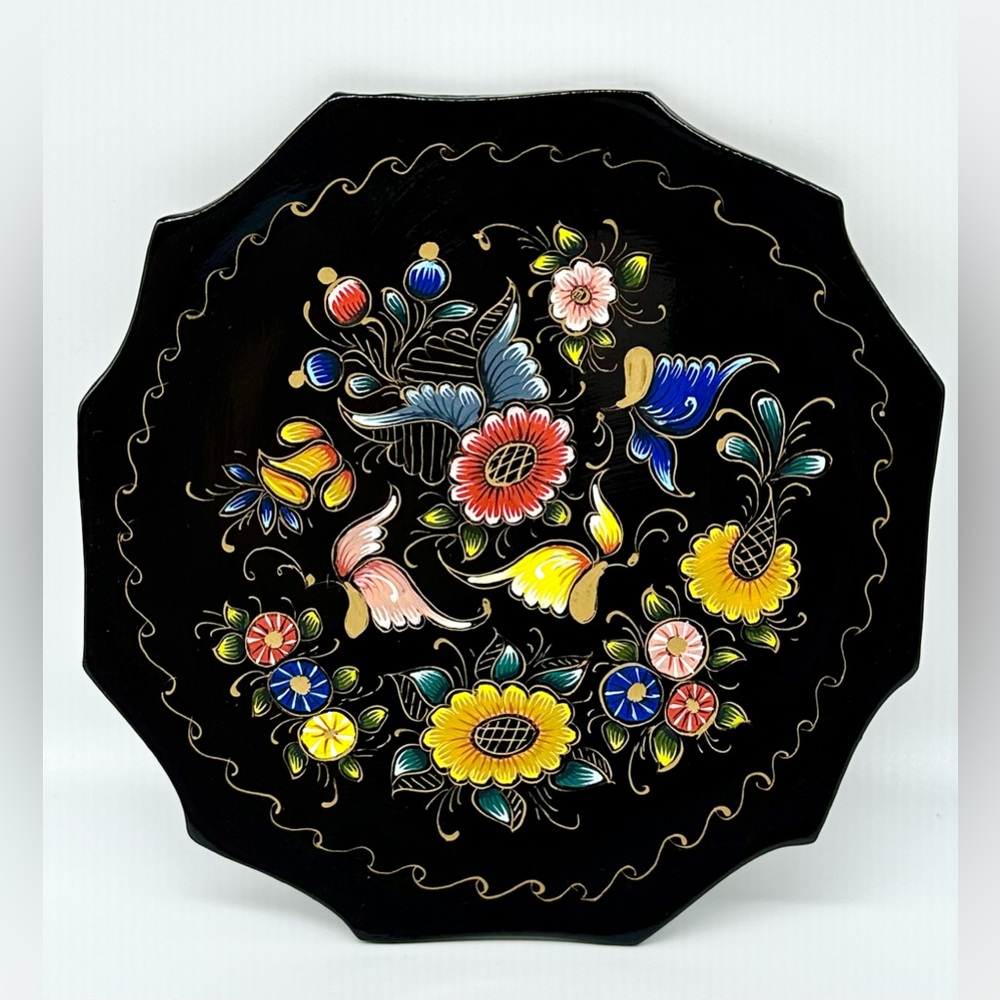 Vintage Hand Painted Black Lacquer Wood Plate Trinket Dish Floral with Gold
